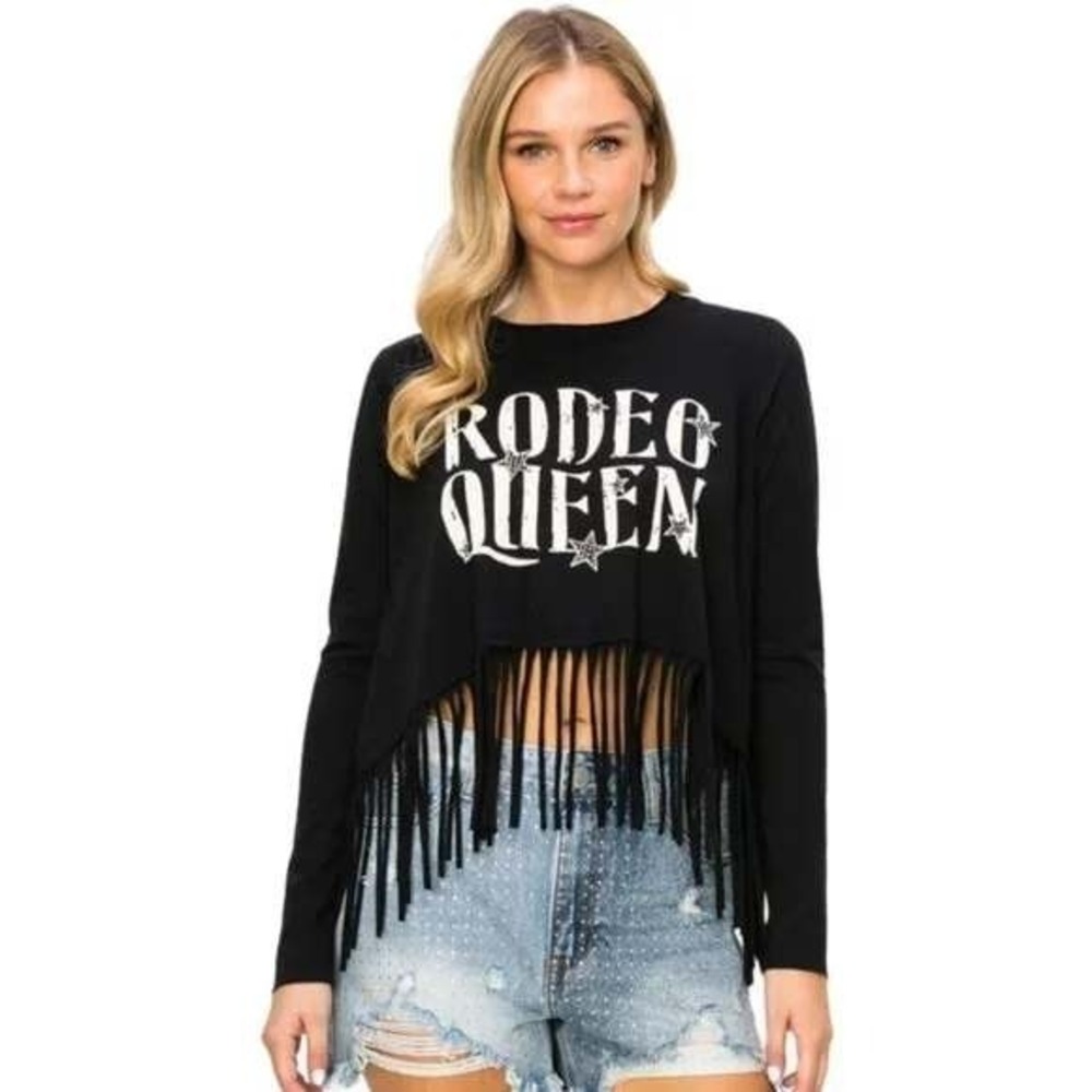 VOCAL Black Long Sleeve Rodeo Queen Fringed‎ Crop Top Shirt Women's Size L NWT